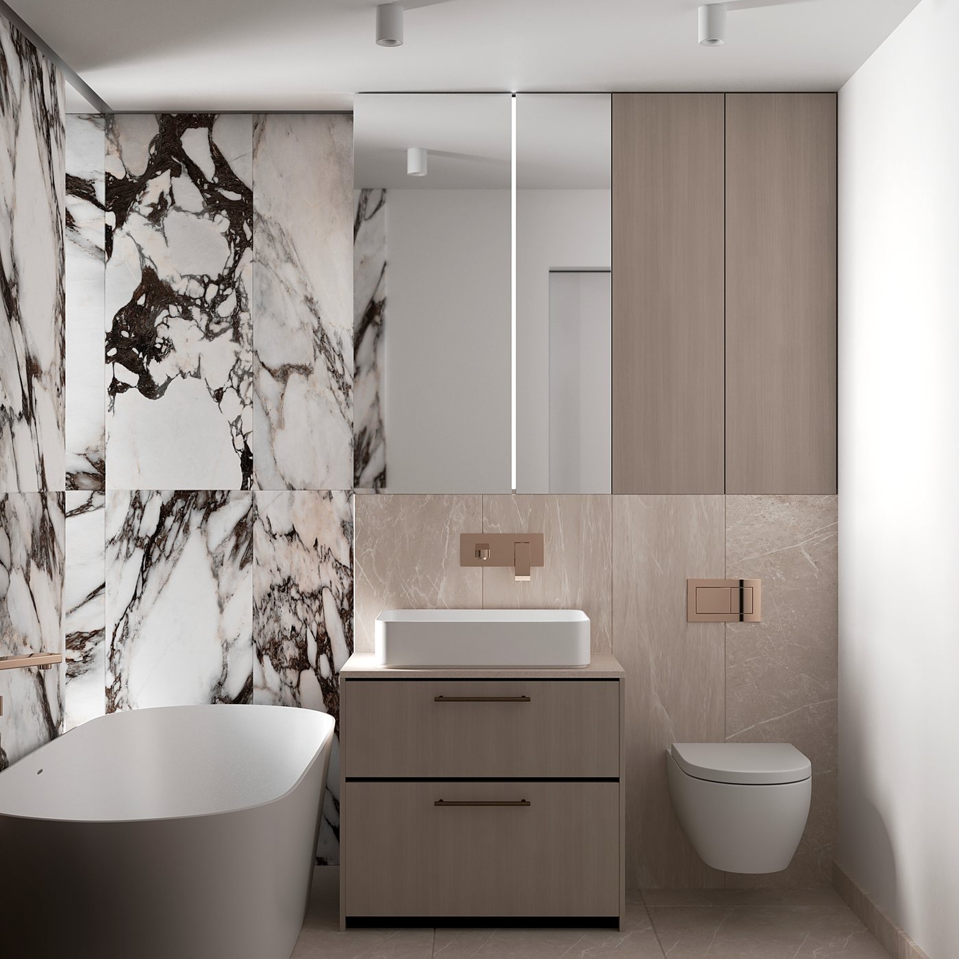 Mobilier de baie din lemn cu lavoar pe blat, oglindă cu dulap și vas WC suspendat