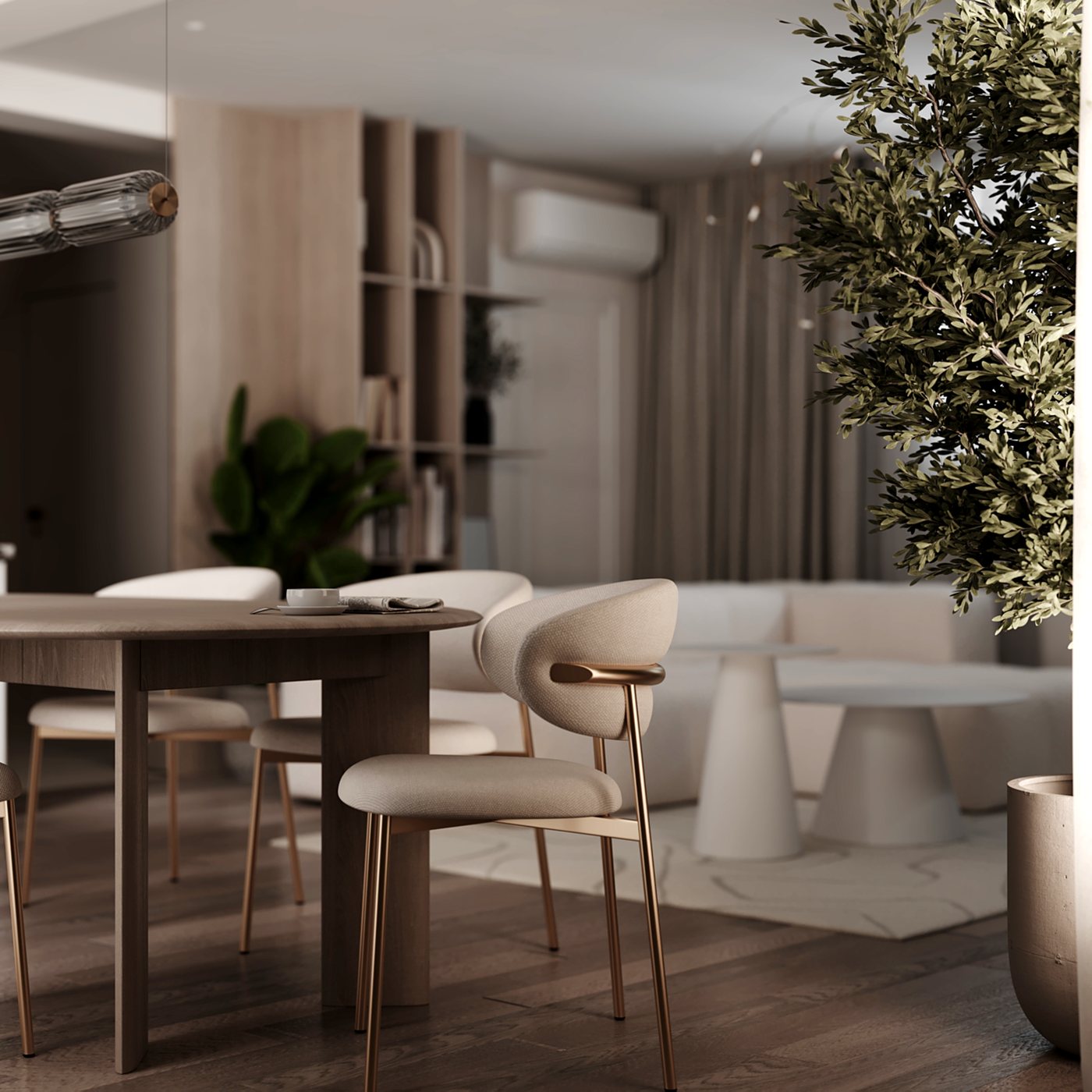 Detaliu scaun de dining cu vedere spre living