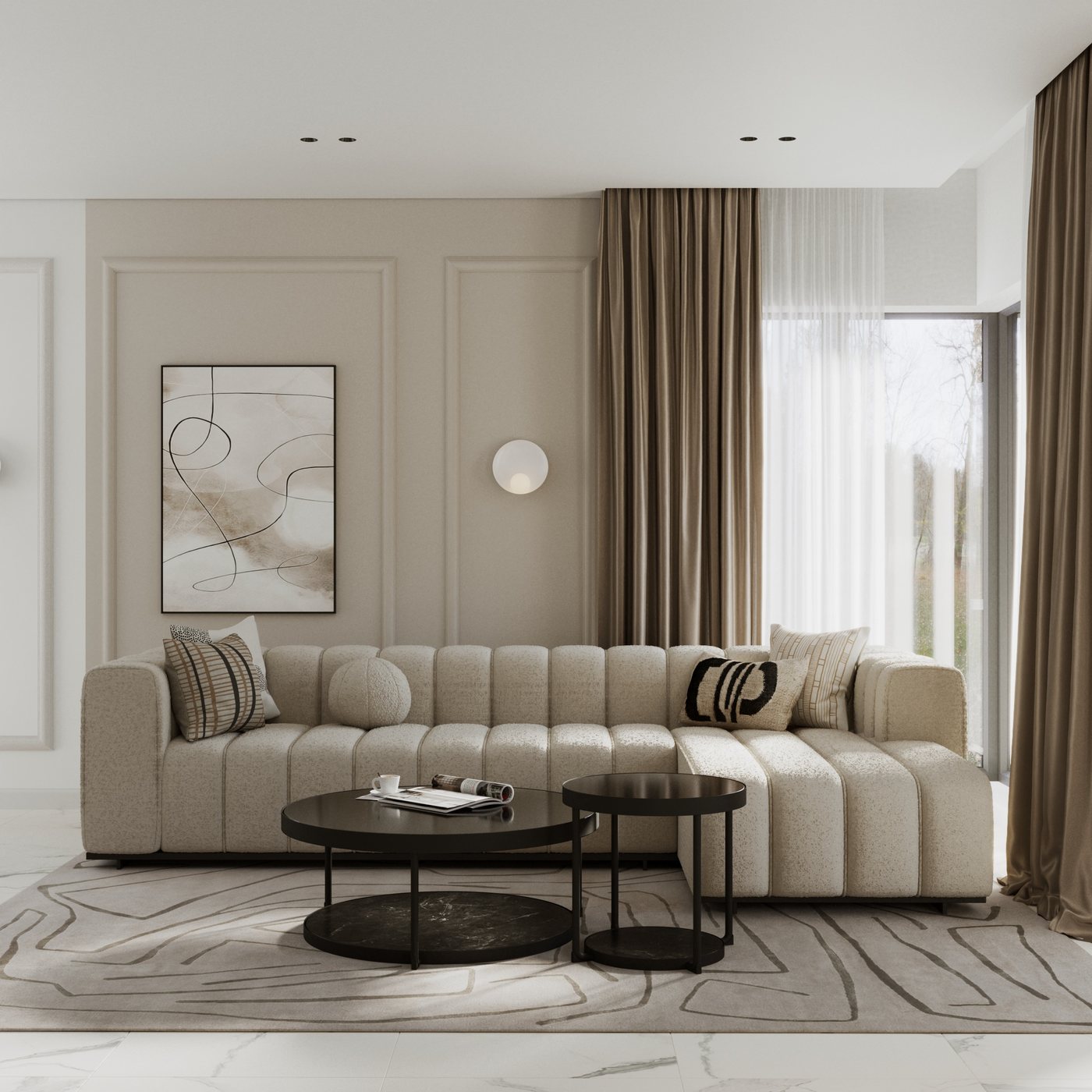 Living cu canapea crem capitonată și perete cu profile decorative